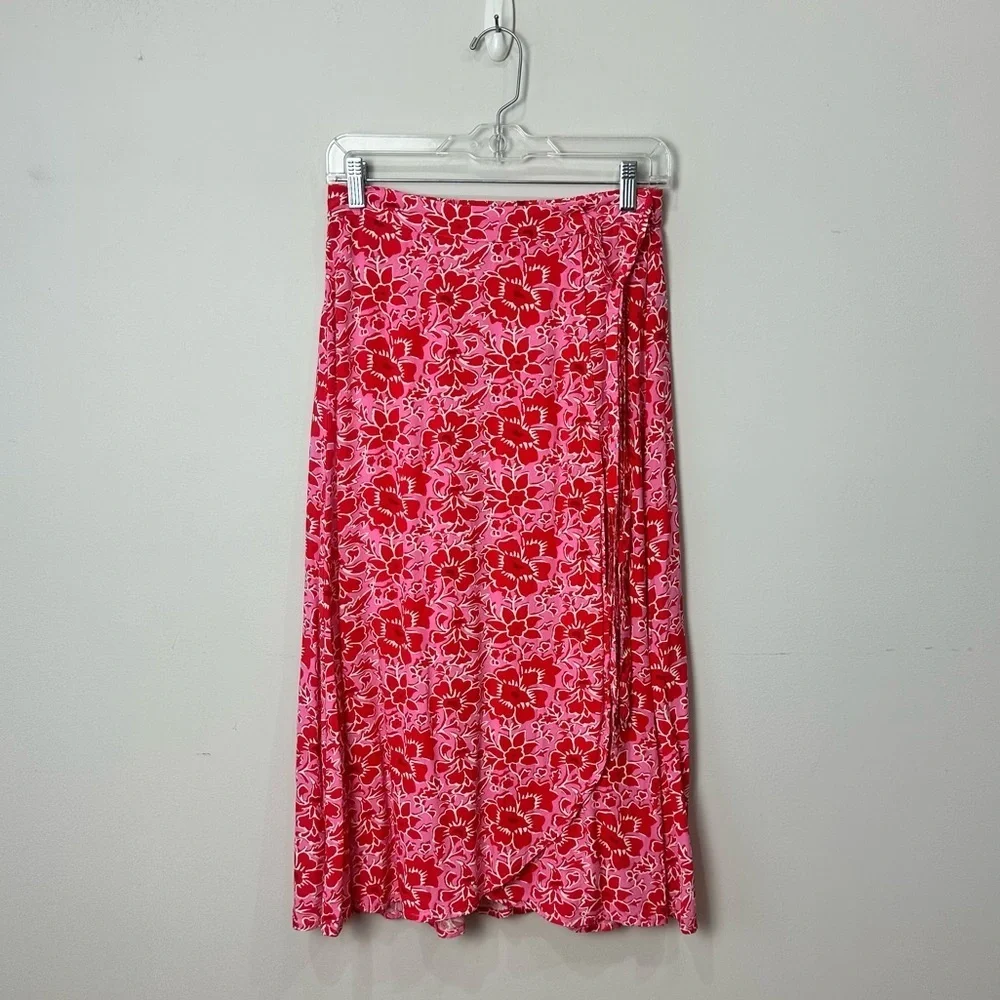 Jcrew floral midi wrap skirt red pink